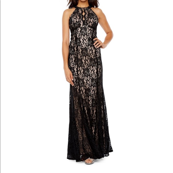 r & m richards sleeveless halter neck lace evening gown